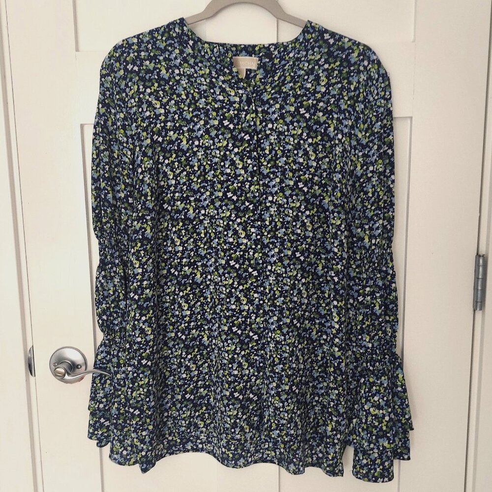 Michael Kors XL Blue Floral Button Down Tiered Bell Sleeve Blouse
